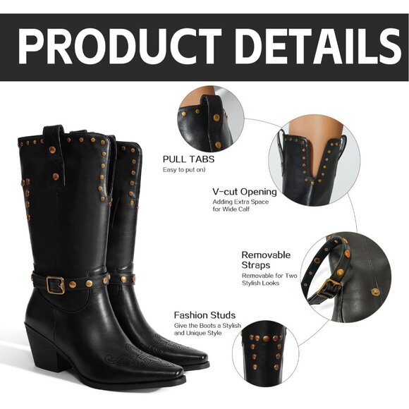 🆕Womens Black Faux Leather Mid Calf Square Toe Block Chunky Heel Studded Boots - Picture 9 of 13